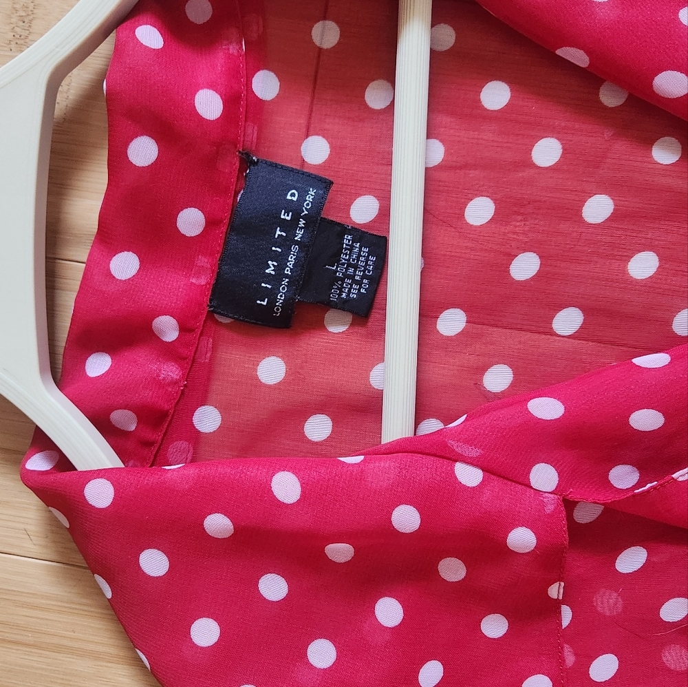 Red Chiffon Sleeveless Blouse with White Polka Dots - Size Med. Tie in the Front - Picture 7 of 13